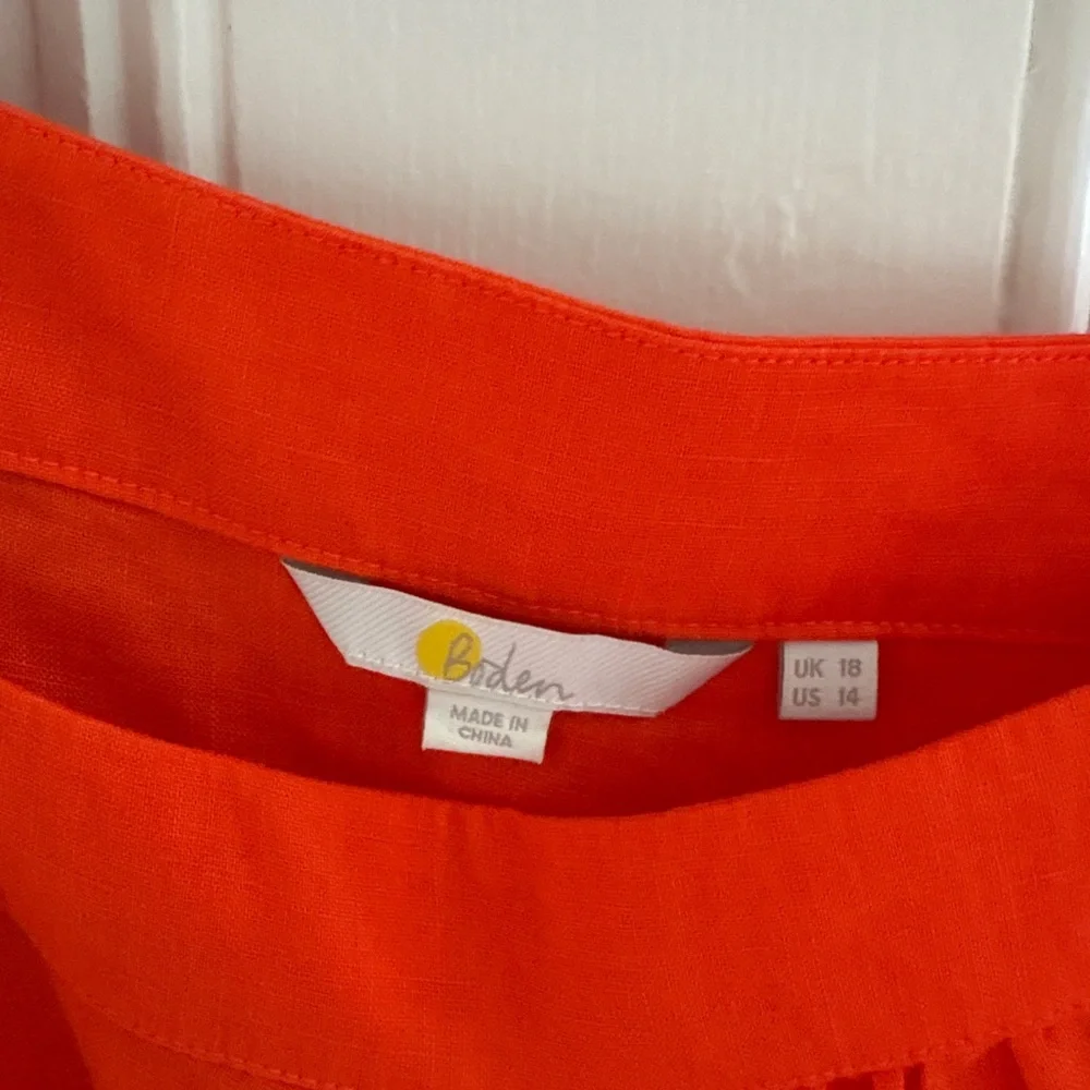Boden Square Neck Puff Sleeve Linen Blouse in Orange/Red - Size 14